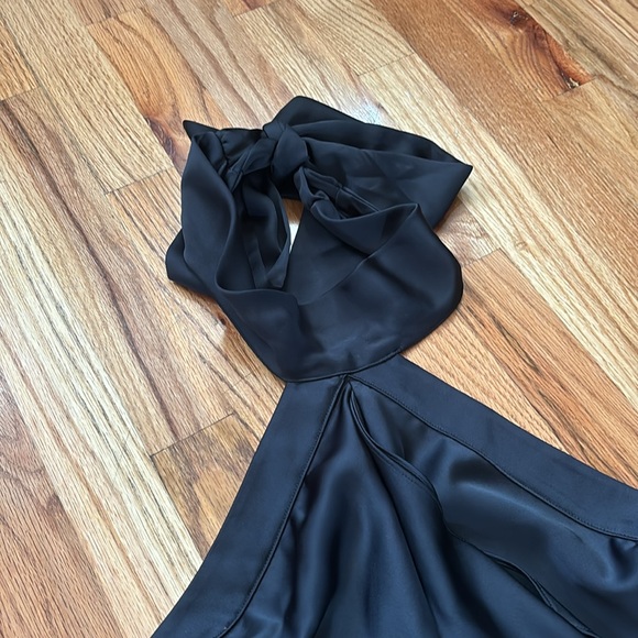 Ramy Brook Tera Ruffled Halter Gown Ruffle Satin Low Back Tie Black 14 High Neck - Picture 8 of 13